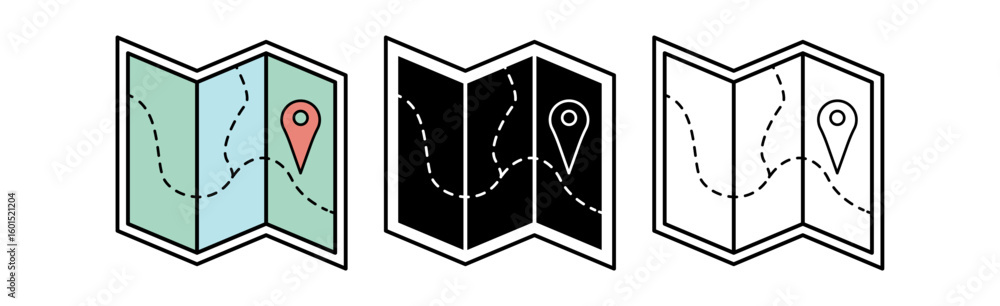 Poster three stylized maps showcasing different color schemes with location markers, representing navigatio