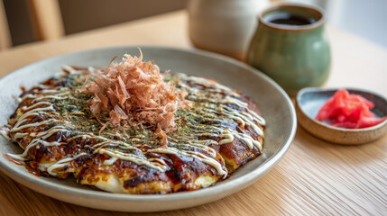 Close up of okonomiyaki on a plate with toppings and pickled ginger on a wooden table surface