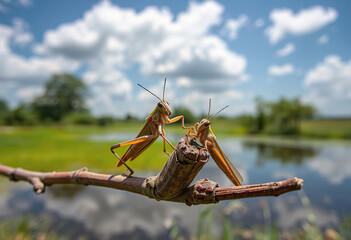 A pair of grasshoppers locusts on a stem. Two grasshoppers, female and male, near a pond on a twig. Background.