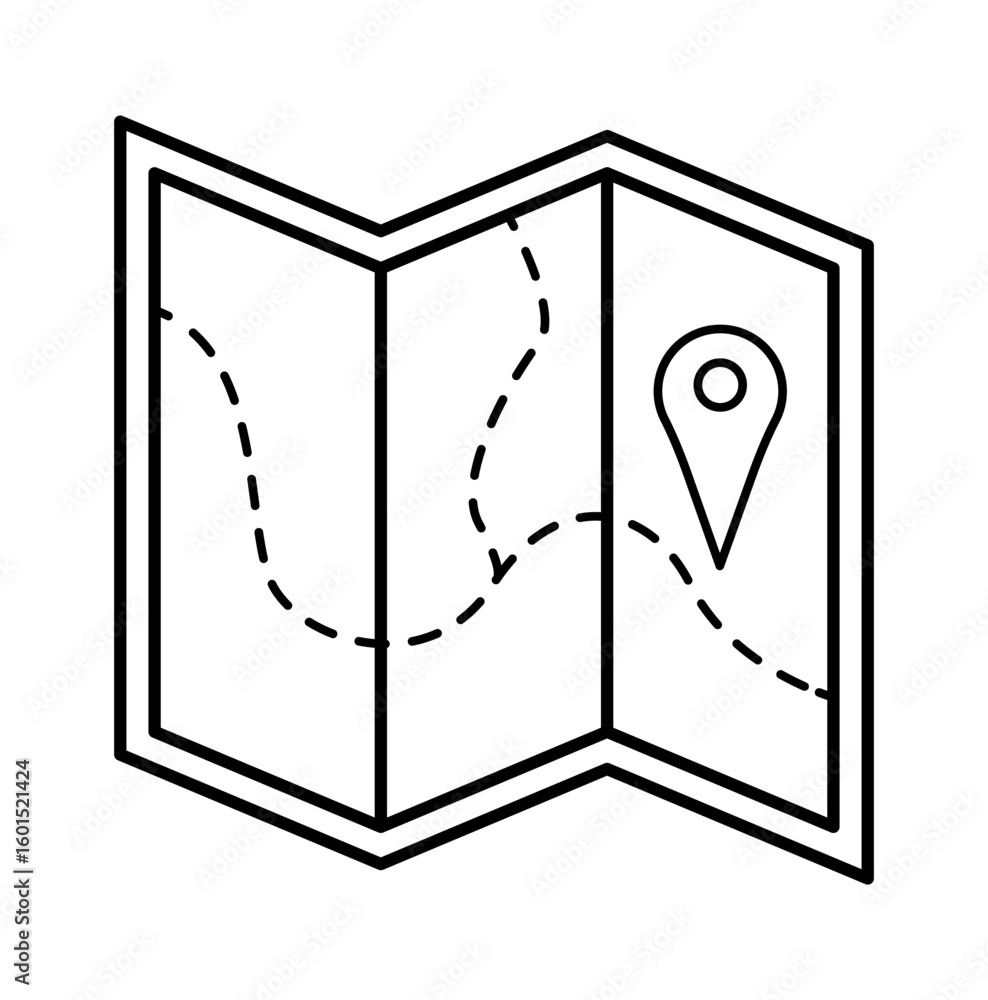Poster an outline illustration of a folded map with a location pin marker, perfect for navigation themes.