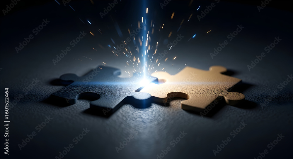 Poster connecting puzzle pieces with a bright light spark connection