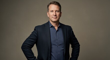 Fototapeta premium Professional man posing confidently in a tailored suit against a neutral background, showcasing self-assurance and modern style for corporate imagery