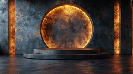 Round empty podium illuminating orange light in dark concrete room, perfect for placing products