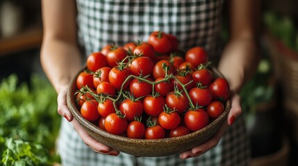 Woman farmer holding a wooden bowl full of freshly picked cherry tomatoes on the vine