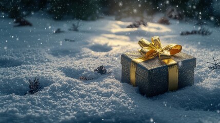 Christmas gift with gold ribbon lying on snow during a snowfall at night