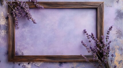 Lavender sprigs are framing an empty wooden picture frame on a purple textured background, creating a serene and inviting scene
