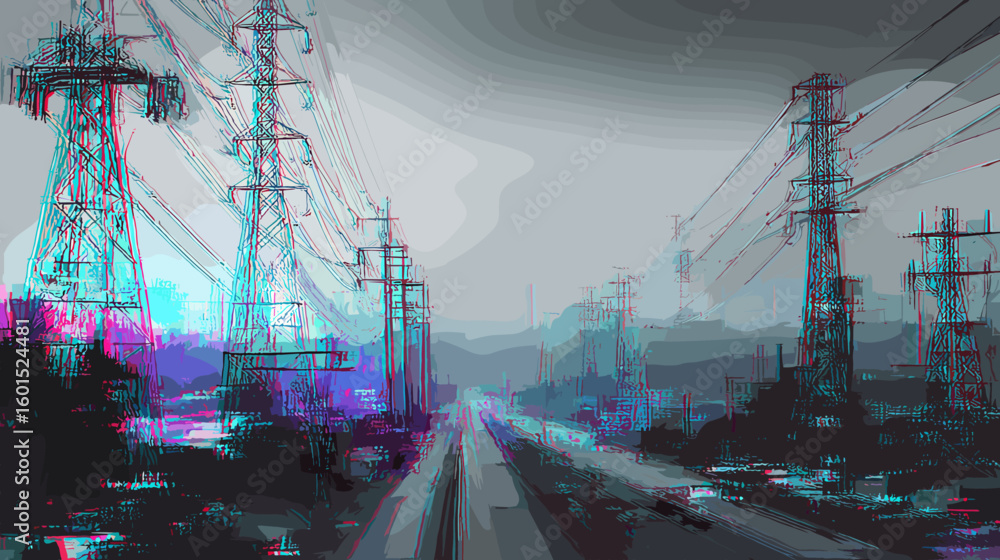 Poster abstract glitch vector background with power lines and road