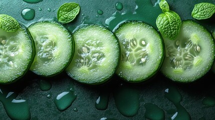 Refreshing cucumber slices with mint leaves creating a vibrant backdrop on a dark green surface