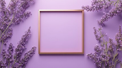 Golden frame decorated with lavender flowers creating a stylish and elegant composition on a purple background