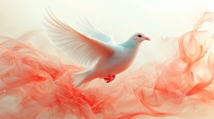 White dove flying with open wings, symbolizing peace, hope, and spirituality, against a vibrant coral background representing energy and passion
