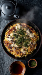 Overhead view of okonomiyaki with teapot and sauces on a dark textured surface with steam rising up