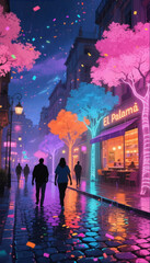 A vivid illustration of a neon-lit city street. An alley with boutiques and restaurants where people walk. Vector graphics. EPS.