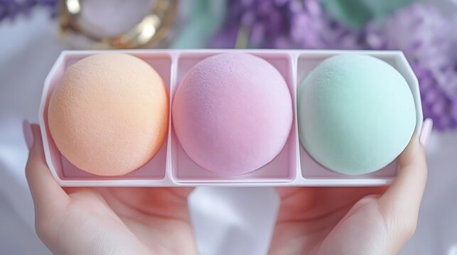 Hands holding pastel mochi dessert in a tray, sweet treats, confectionary delight, food photography - Powered by Adobe