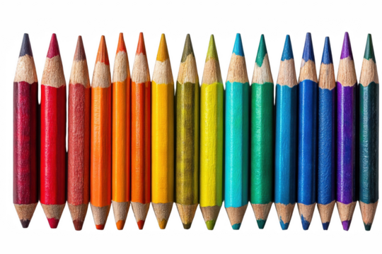 Vibrant array of sharpened colored pencils arranged in rainbow order, perfect for art and design, on transparent background