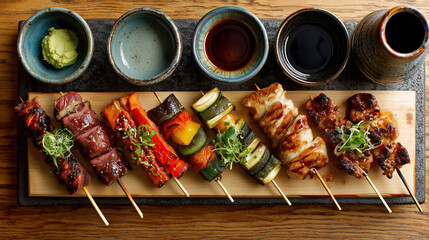 An overhead shot of yakitori skewers with dipping sauces and wasabi on a wooden serving board