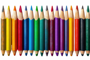 Vibrant assortment of sharpened colored pencils arranged in a horizontal row, showcasing a rainbow spectrum, on transparent background