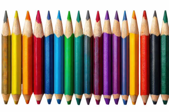 Vibrant assortment of sharpened colored pencils arranged in a horizontal row, showcasing a rainbow spectrum, on transparent background