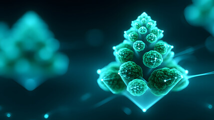 Glowing, abstract 3D fractal structure resembling tree, composed of luminous geometric shapes and spheres, set against dark background, evokes futuristic and digital atmosphere