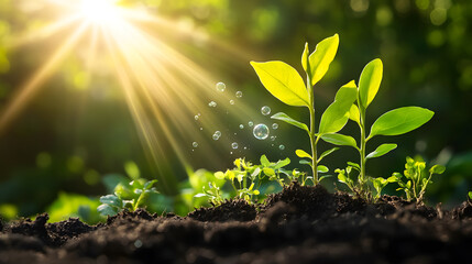 Young green plants basking in sunlight, illustrating process of photosynthesis with vibrant energy and growth. Sun rays illuminate leaves, symbolizing life and nature cycle