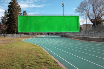 A large, blank green screen banner hangs above a running track at an outdoor stadium on a sunny day, with trees and bleachers visible