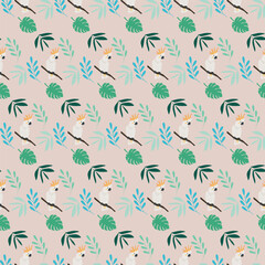 seamless pattern with birds,cockatoo bird pattern on pale  orange background