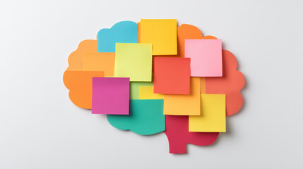 Obraz premium Colorful sticky notes arranged in the shape of a brain on a white background, symbolizing creativity, ideas, and mental organization.