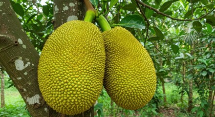 Fresh Jackfruit Hanging on a Tree in Lush Green Tropical Environment Under Bright Sunlight with Detailed Surface Texture