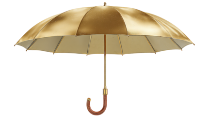 Luxurious gold umbrella with curved wooden handle, cartoon render, isolated on transparent background 