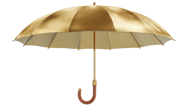 Luxurious gold umbrella with curved wooden handle, cartoon render, isolated on transparent background 