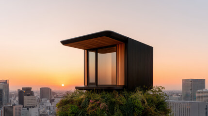 A modern black minimalist cabin with large windows sits atop a lush rooftop garden, overlooking a cityscape at sunset.