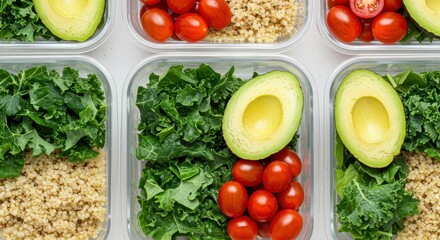 Fresh Meal Prep with Quinoa, Cherry Tomatoes, Kale, and Avocado in Clear Containers Ready for Healthy Eating
