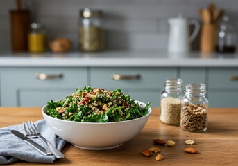 Fresh Quinoa Salad with Mixed Greens, Nuts, and Dried Fruits on Wooden Table in Modern Kitchen Setting