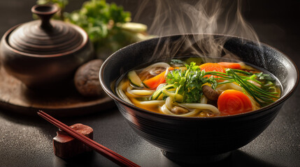 A steaming bowl of udon noodle soup with vegetables and chopsticks on a dark surface near pot