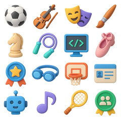 Hobby 3d icon set. featuring soccer, violin, drama masks, paintbrush, chess, jump rope, coding, ballet, award, swim goggles, basketball, id card, robot, music, tennis, community