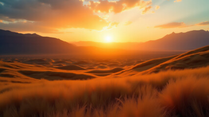 Sun setting over desert landscape