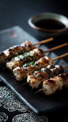 A close up shot of grilled chicken skewers on a black plate with a bowl of sauce in the background