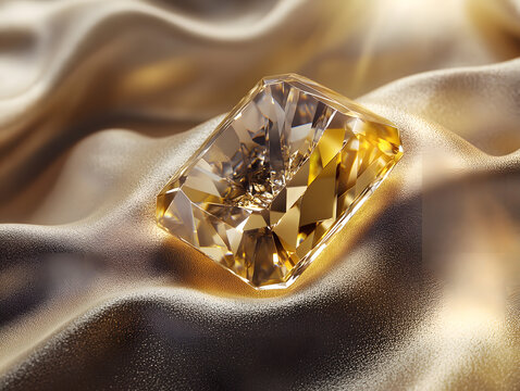 A radiant yellow diamond rests on luxurious golden silk