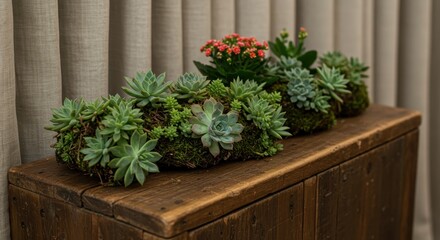 Fresh Succulent Arrangement with Colorful Flowers on Rustic Wooden Table in Cozy Interior Setting