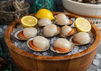 Fresh Scallops on Ice with Lemon Slices in Wooden Bowl Surrounded by Fishing Gear and Shells for Culinary Designs and Marine Themes