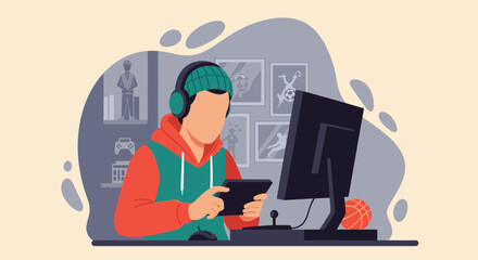 Young man playing video games at home, perfect for blogs about gaming, technology, or leisure.