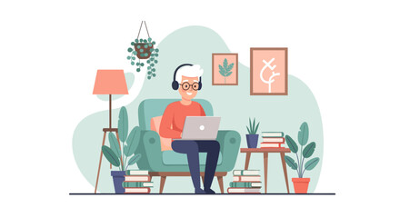 Senior man working from home on laptop, cozy home office, comfortable armchair, plants, books. Perfect for blog, website or article about remote work.