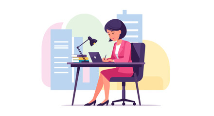 Businesswoman working on laptop at desk, perfect for website banners or business presentations.