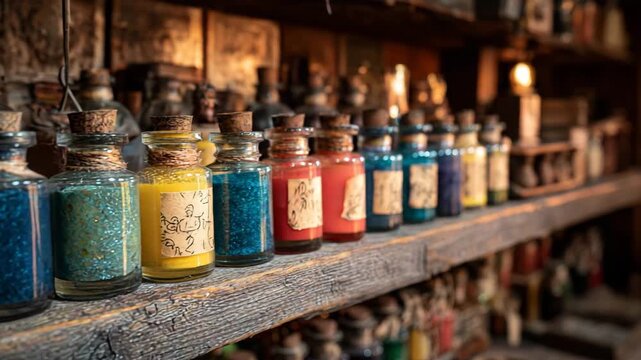 Colorful Potion Bottles in Glass Jars with Cork Stoppers on Rustic Wooden Shelf in Magical Apothecary