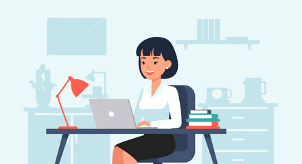 Happy businesswoman working on laptop in modern office, perfect for website banners or business presentations.