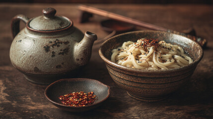 Still life featuring a teapot, bowl of noodles, and spices on a wooden surface in soft lighting