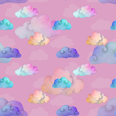 Watercolor hand painted seamless pattern of rainbow clouds. Cute dreamy background for baby shower invitation, greeting card, banner, poster, label