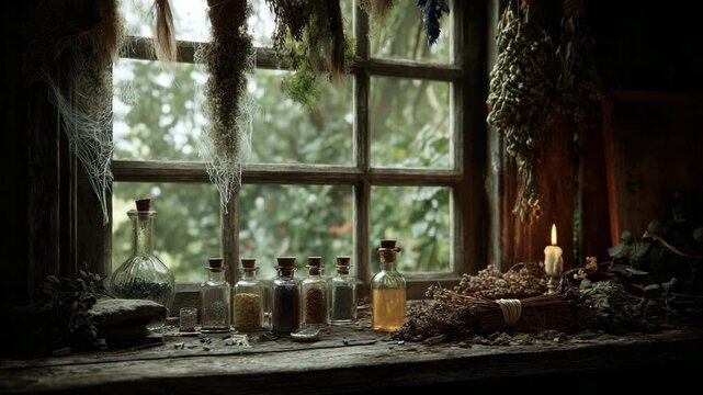 Rustic witch's window with potion bottles, herbs, and candlelight in a mystical forest cabin