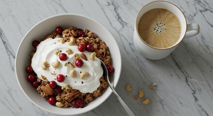 Healthy Breakfast Bowl with Yogurt, Granola, Berries, Nuts, and Coffee on Marble Table