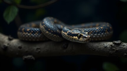 Fototapeta premium Snake Coiled on Branch with Intense Gaze in Dark Environment 2