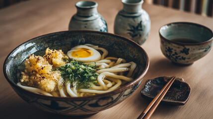 Close up of udon noodle soup with egg and tempura with sake on a wooden table surface top view